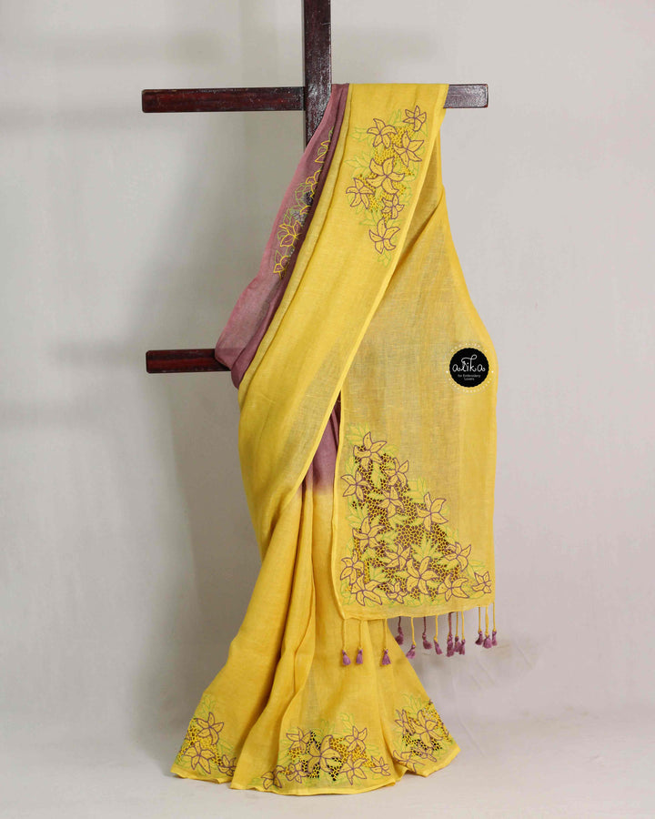 Yellow &amp; Mauve Pure Linen Saree with Floral Twine Cutwork