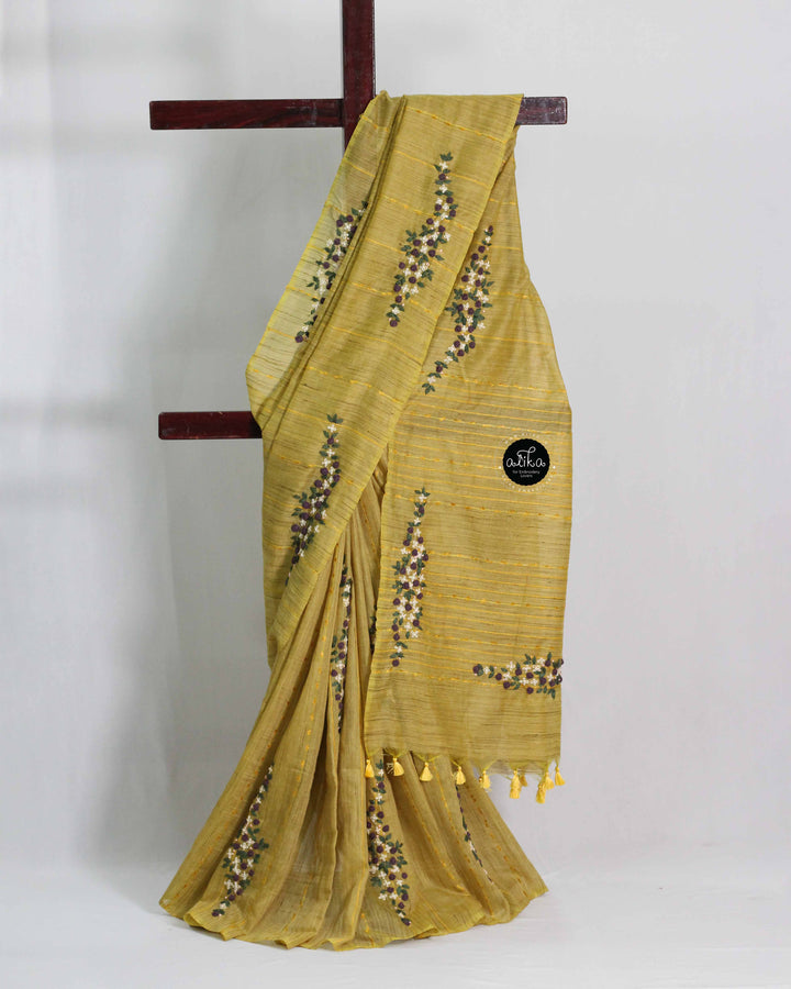 Mustard Yellow Bamboo Silk Saree with Floral Hand Embroidery