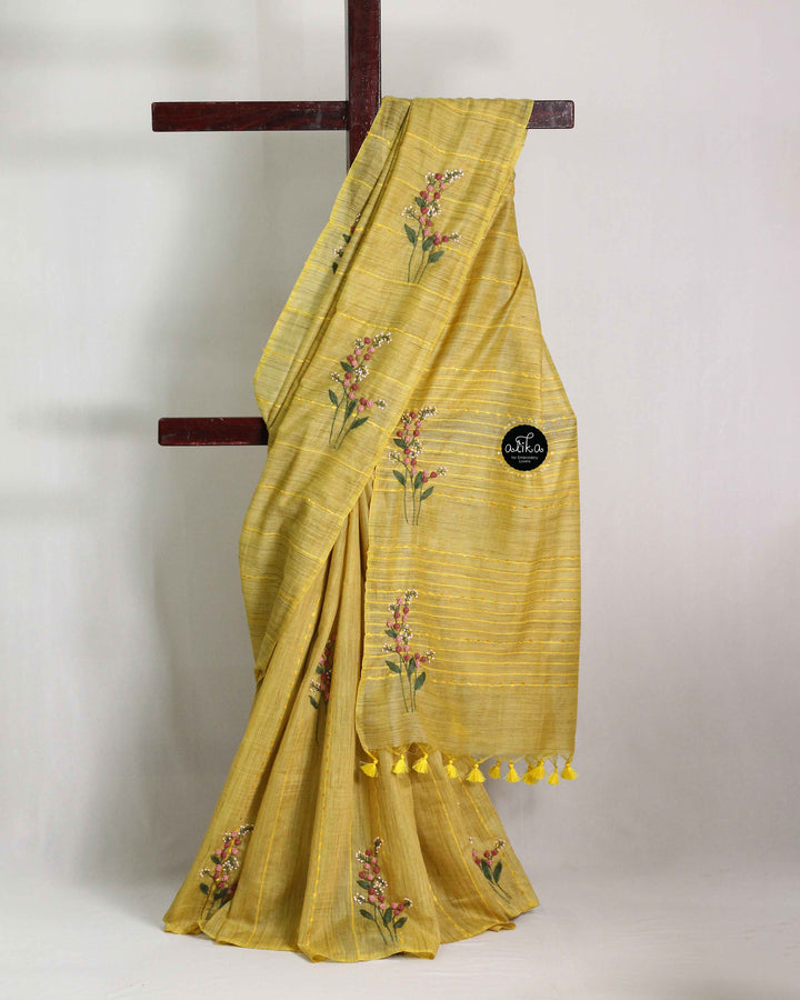 Mustard Yellow Bamboo Silk Saree with Floral Hand Embroidery