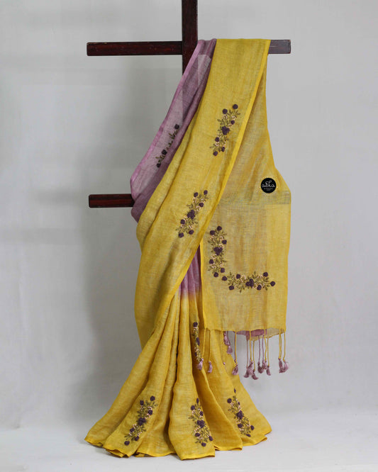 Yellow & Lilac Pure Linen Saree with Floral Hand Embroidery