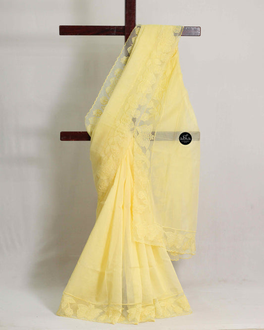 Pastel Yellow Kota Saree with Floral Net Appliqué Border – Elegant &Airy
