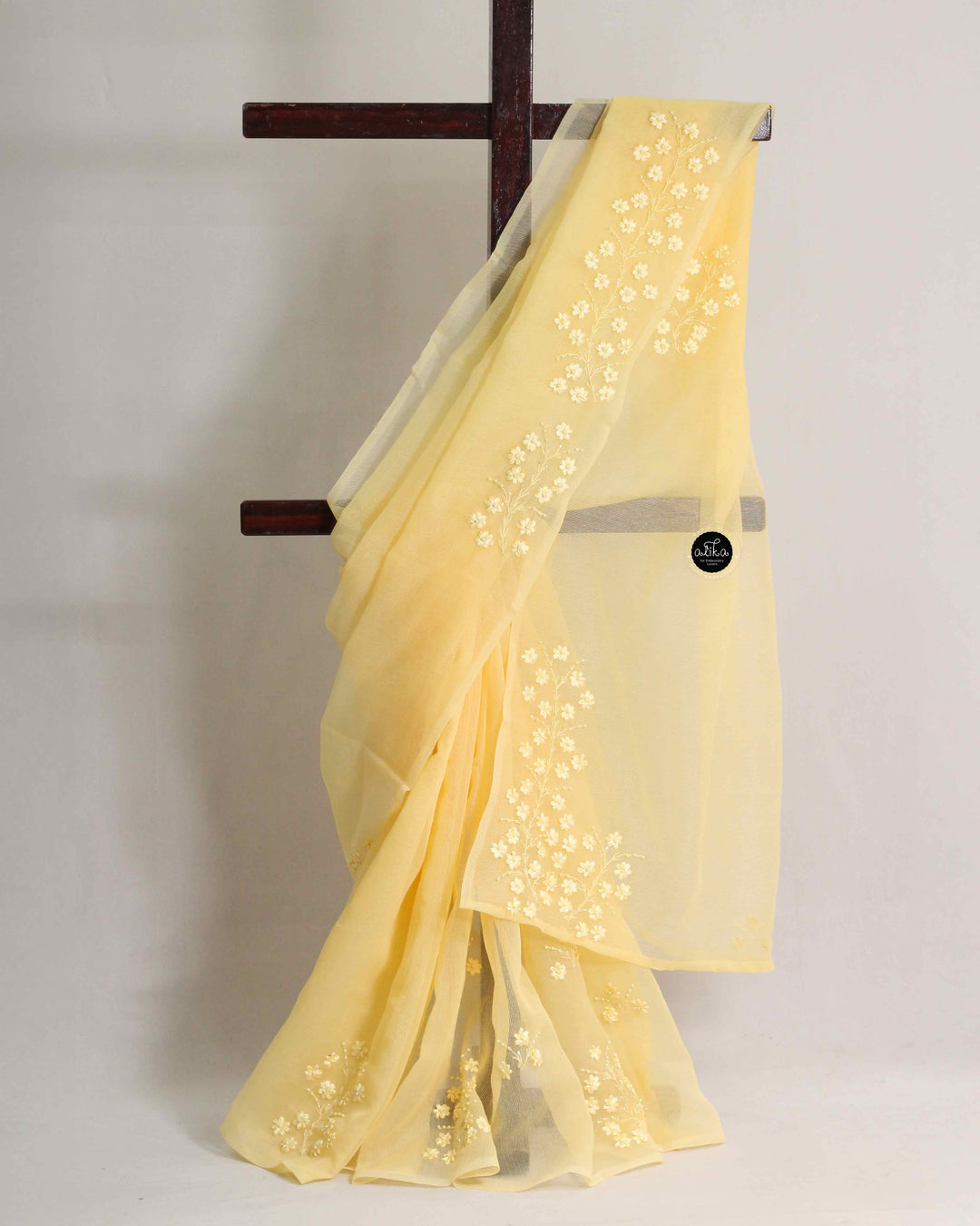 Yellow Kota Saree with Self-Shade Ribbon Work Embroidery