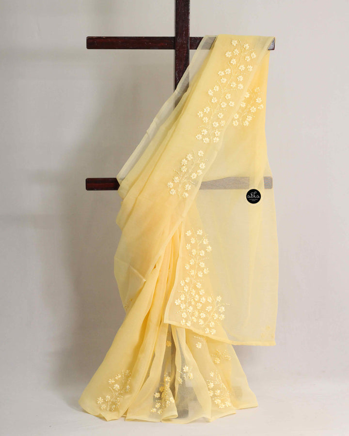Yellow Kota Saree with Self-Shade Ribbon Work Embroidery