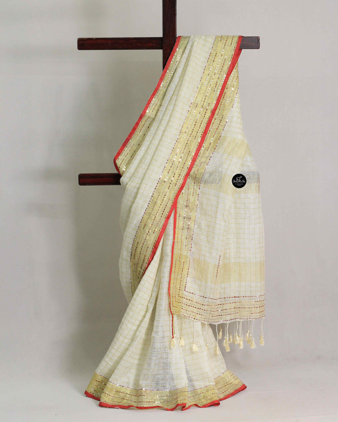 Cream Pure Linen Saree with Bead &amp; Sequin Work