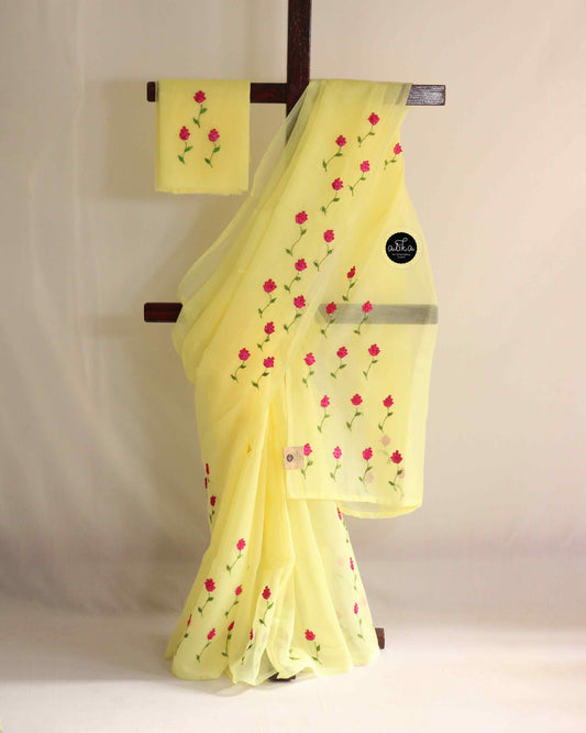 Lemon Yellow Kota Saree with Dark Pink Ribbon Work – Alika Fashion Store