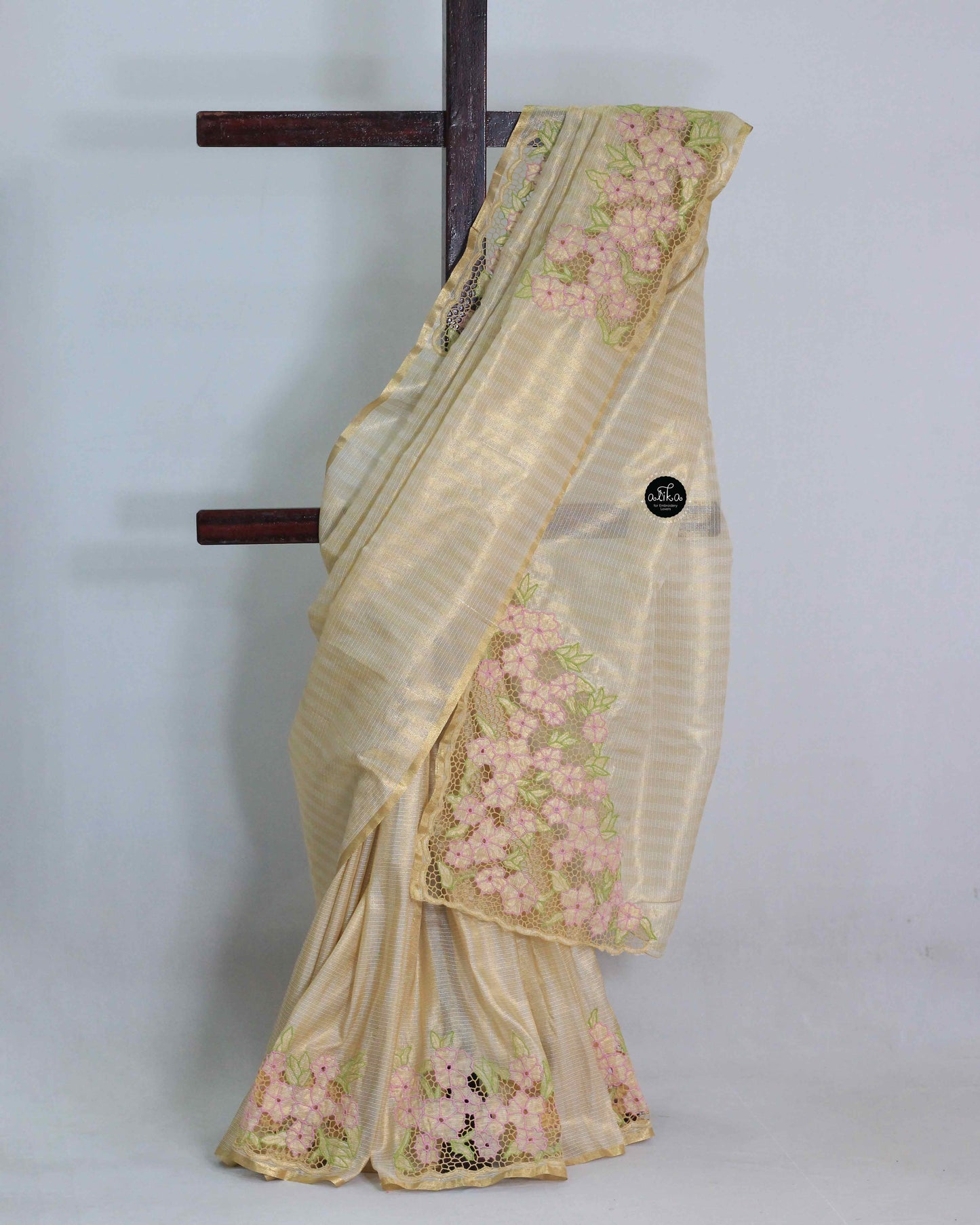 Cream Semi Tissue Saree with Floral Twine Cutwork