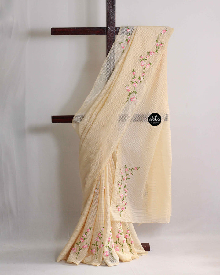 Vanilla Semi-Silk Saree with Floral Hand Embroidery – Graceful Artisan Drape