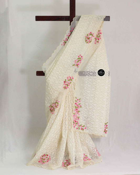 Cream Phulkari Saree with Floral Pink Hand Embroidery and Bead Work