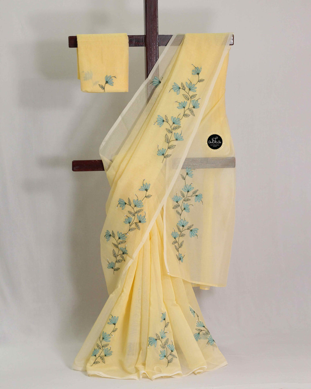 Butter Yellow Kota Saree with Floral Shadow Embroidery and Bead Work