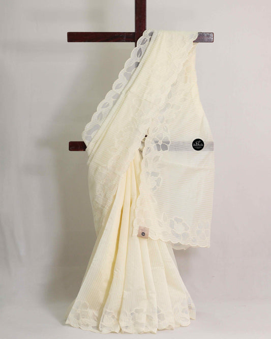 White Chanderi Saree with Yellow stripes Applique Border