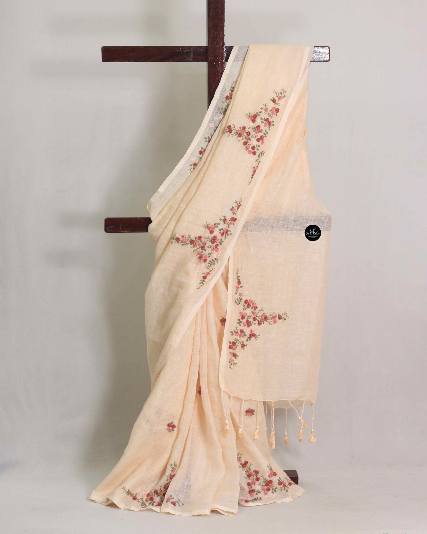 Light Beige Pure Linen Saree with Floral Hand Embroidery