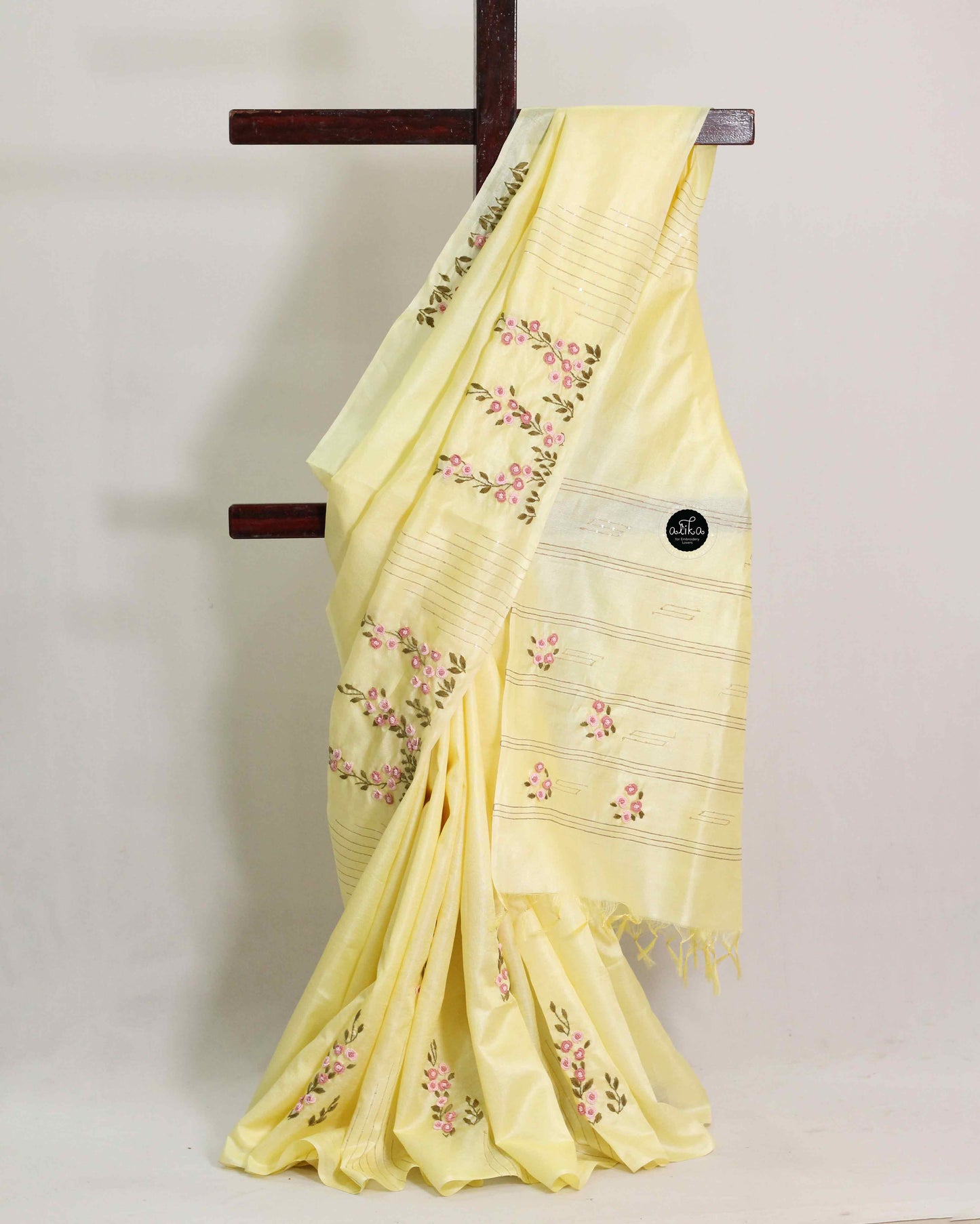 Pastel Yellow Pure Tussar Silk Saree with Floral Hand Embroidery & Sequin Work by Alika