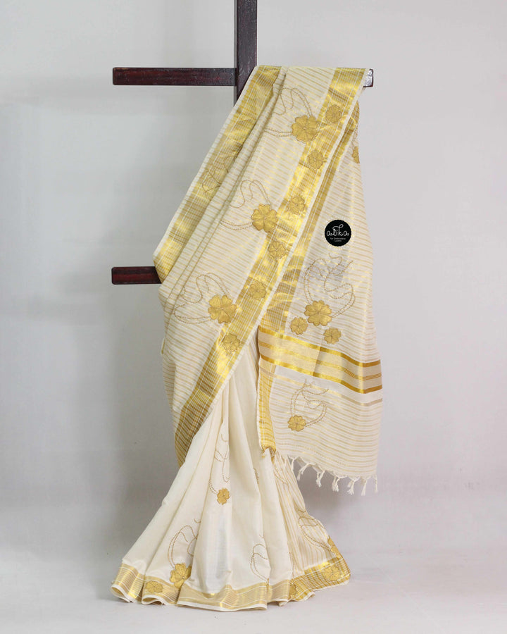Kerala Kasavu Saree with Appliqué and Embroidery