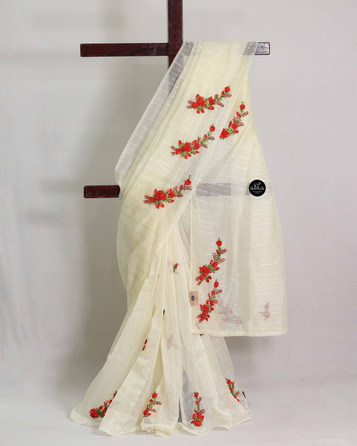 Cream Organza Saree with Floral Ribbon Embroidery