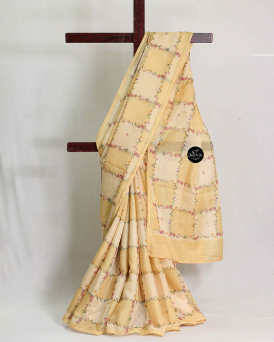 Light Yellow Silky Kota Saree with Floral Prints & Sequins | Alika Fashion Store