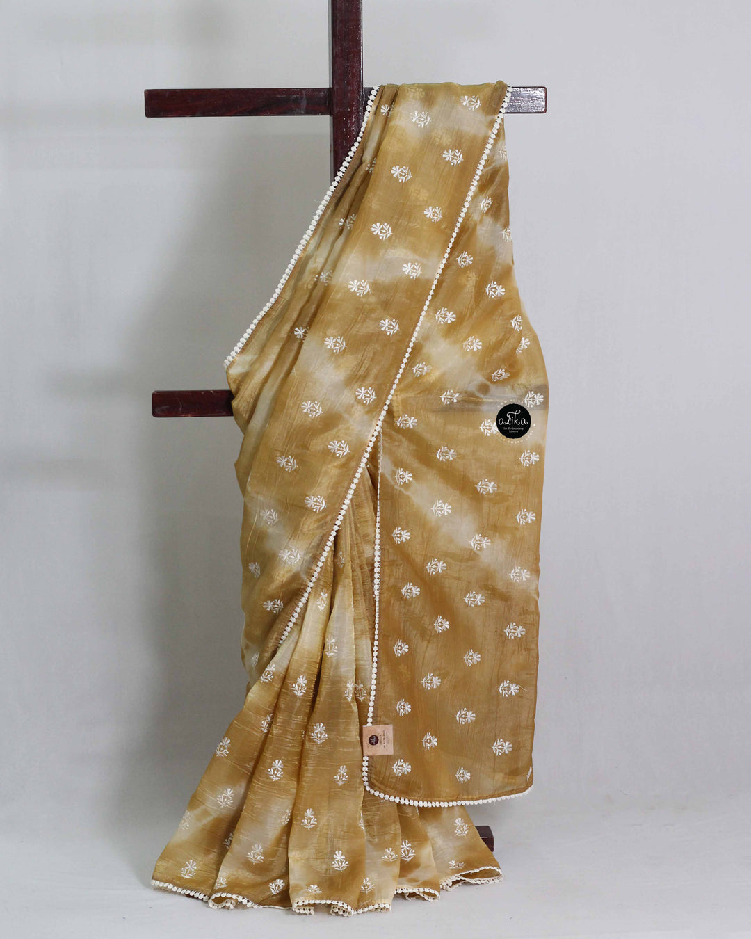 Deep Gold Crushed Silk Saree with Floral Machine Embroidery