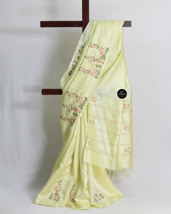 Pastel Yellow Pure Tussar Silk Saree with Floral Hand Embroidery &amp; Sequin