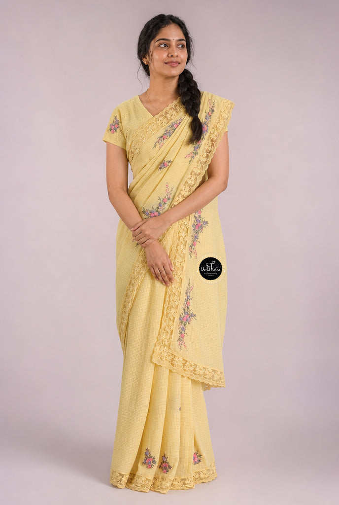 Haldi Yellow Pure Cotton Saree with Floral Hand Embroidery &amp;Lace Border