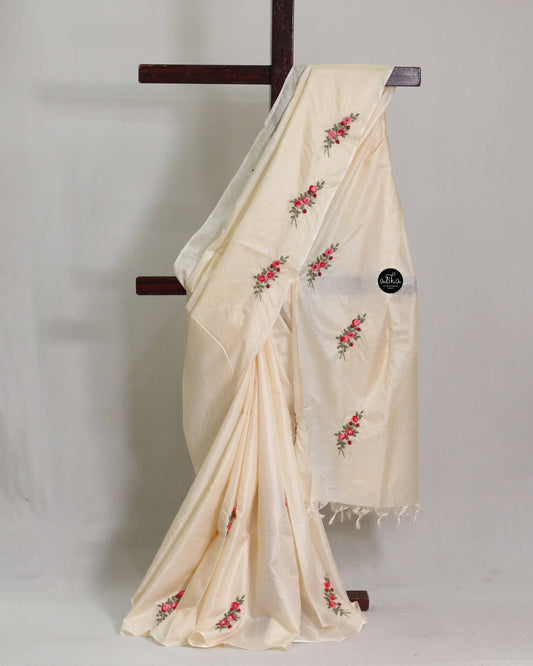 Pastel Beige Semi Tussar Silk Saree with Hand Embroidery
