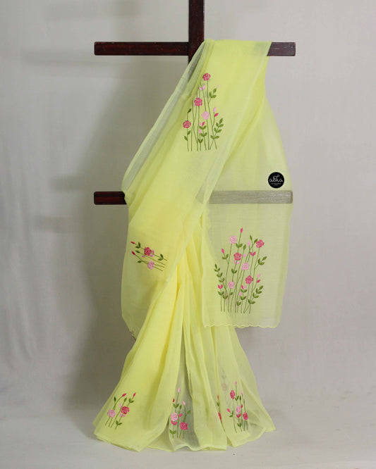 Light Yellow Kota Saree with Floral Machine Embroidery