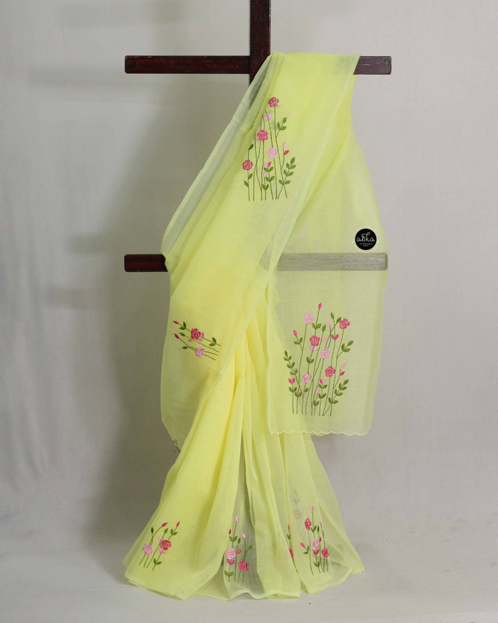 Light Yellow Kota Saree with Floral Machine Embroidery