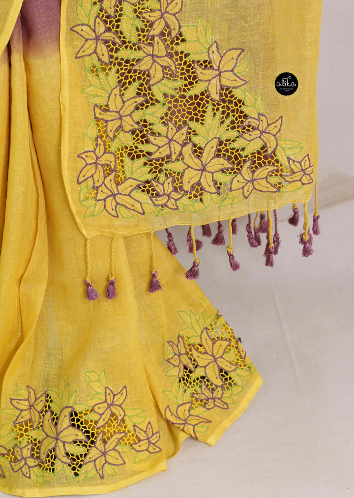 Yellow &amp; Mauve Pure Linen Saree with Floral Twine Cutwork
