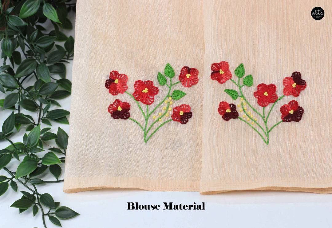 Light Peach Chanderi Saree with Floral Hand Embroidery