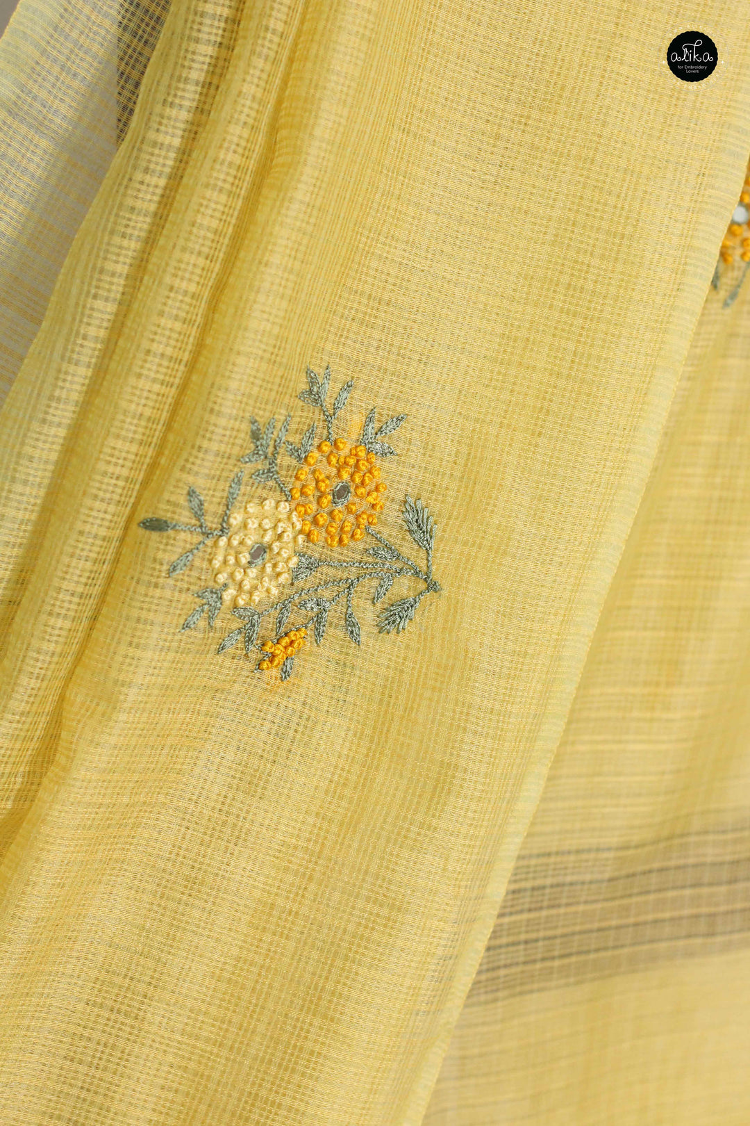 Pastel Yellow Synthetic Kota Saree with  Floral Hand Embroidery &amp; Mirror Work