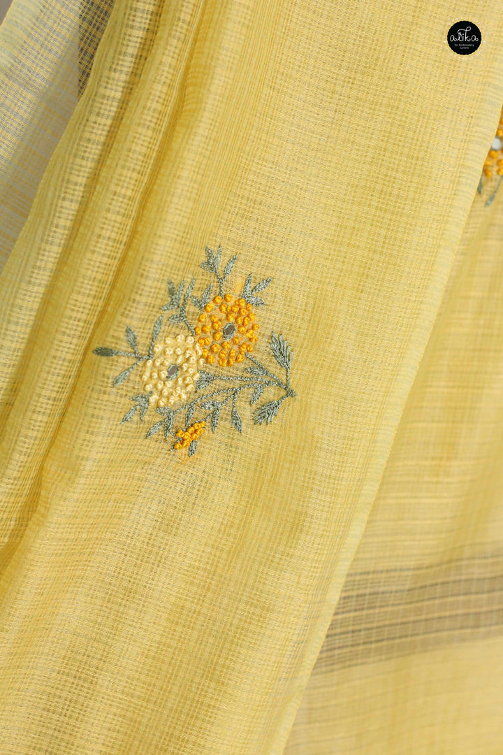 Pastel Yellow Synthetic Kota Saree with  Floral Hand Embroidery &amp; Mirror Work