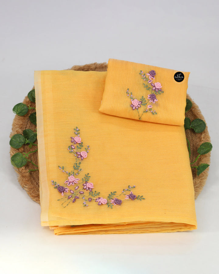 Yellow Kota Saree with Floral Hand Embroidery