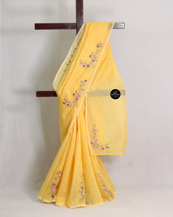 Yellow Kota Saree with Floral Hand Embroidery