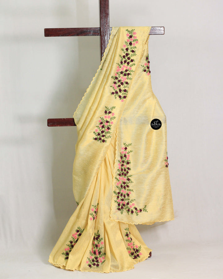 Yellow Designer Silk Saree with Floral Hand Embroidery