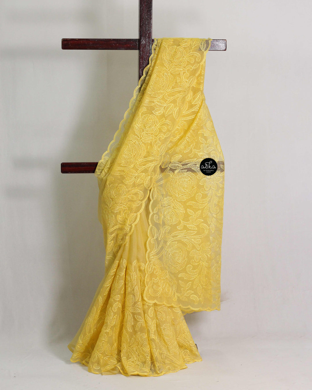 Yellow Crushed Silk Saree with Floral Machine Embroidery