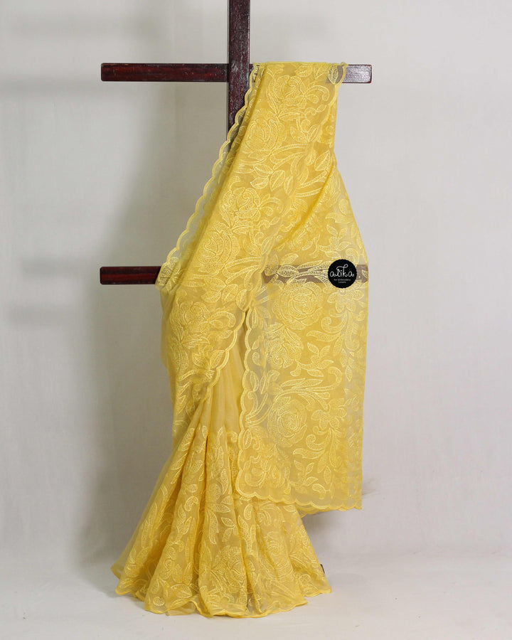 Yellow Crushed Silk Saree with Floral Machine Embroidery