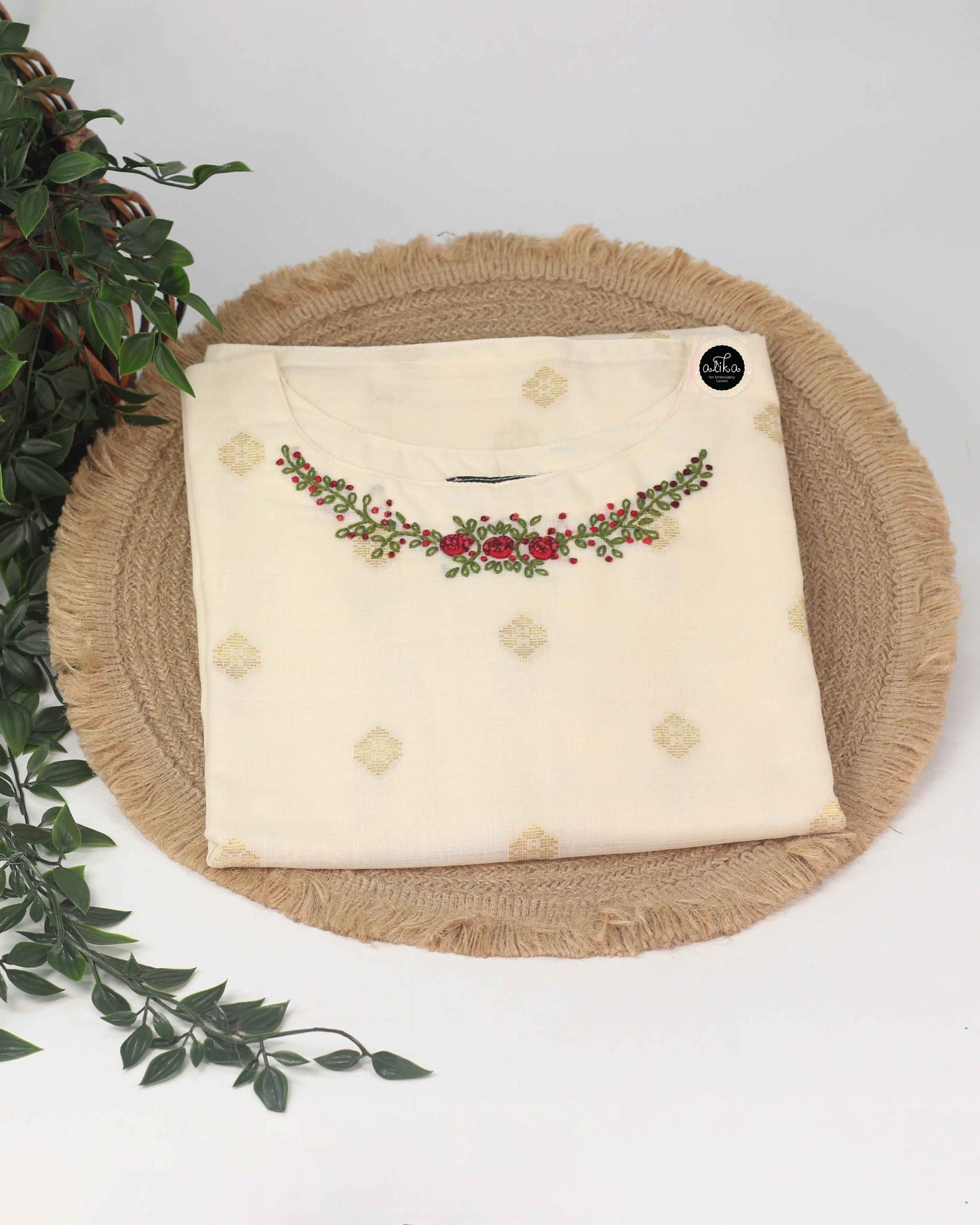 Chanderi Cotton Stitched Kurta with Hand-Embroidered Floral Detailing on Neck & Sleeves – Elegant Ethnic Wear for Women