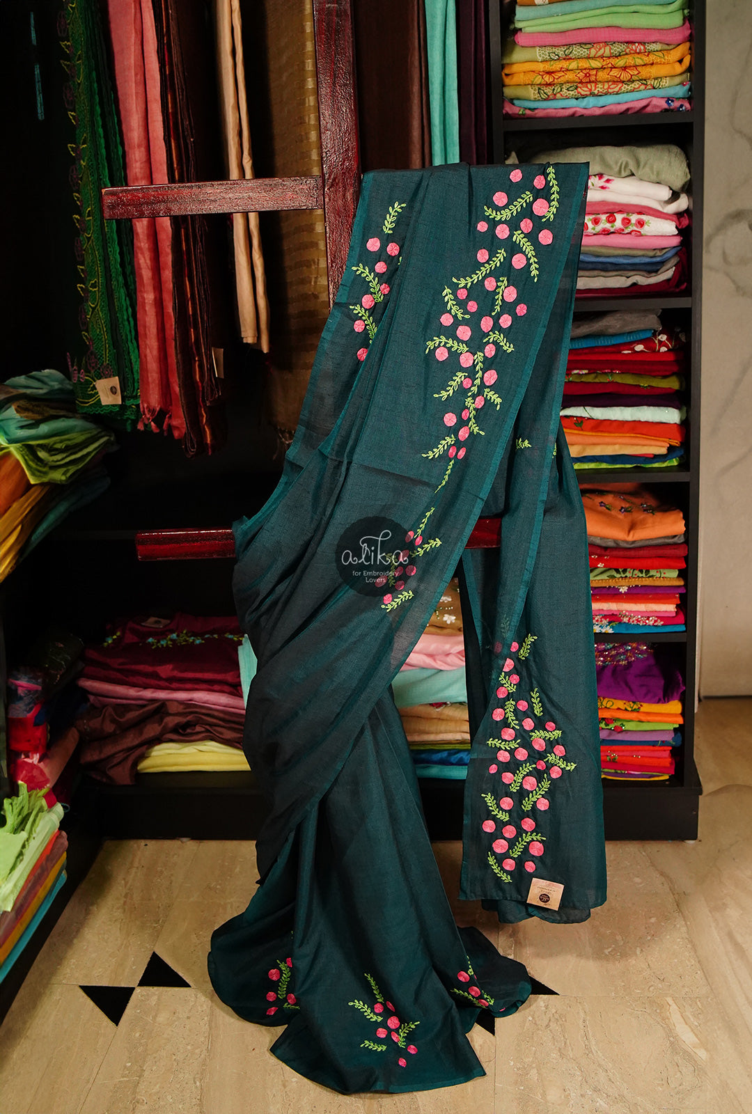 BOTTLE  GREEN SEMI  SILK  SAREE  WITH PINK  HAND EMBROIDERY