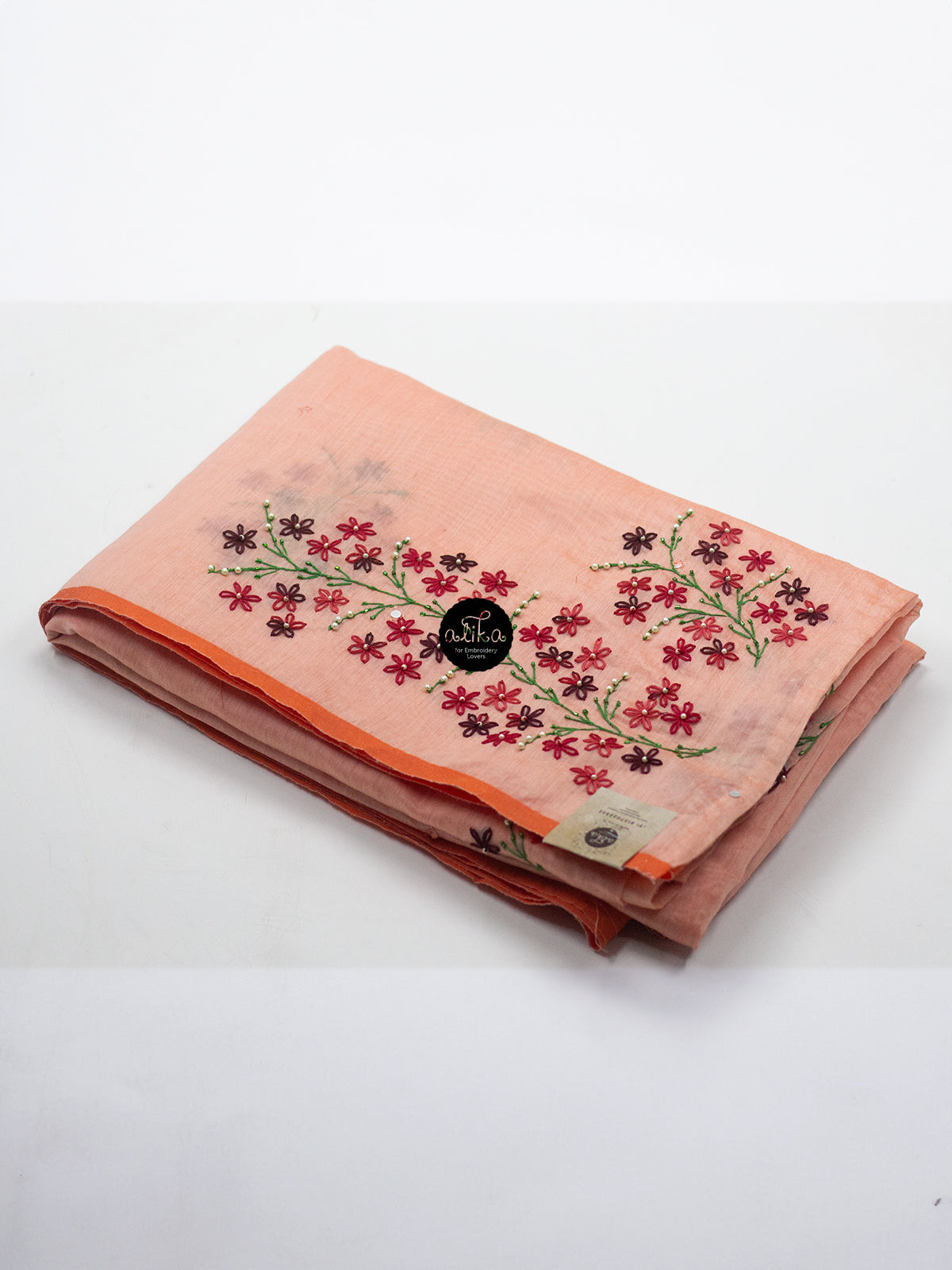 🍑✨ Peachy Elegance: Chanderi Silk Mirror Work Saree with Lazy Daisy Floral Embroidery ✨🌸
