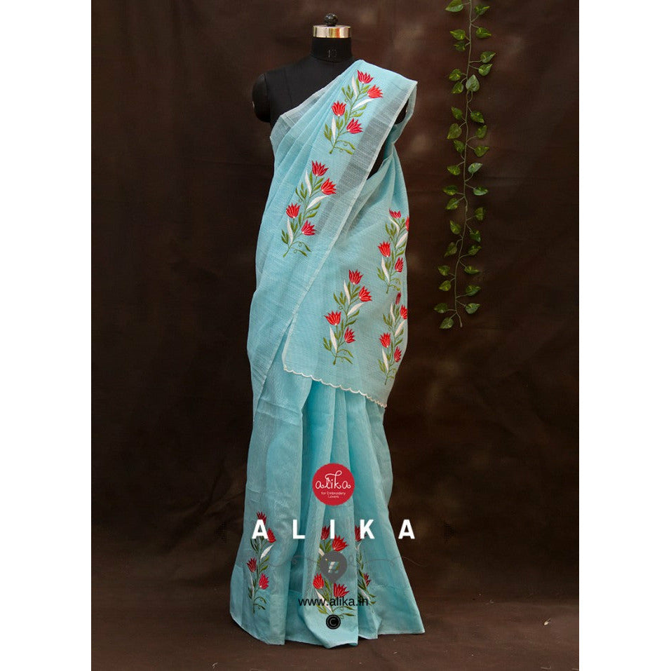 Sky Blue Striped Kota Saree with Red-shaded Floral Bunches