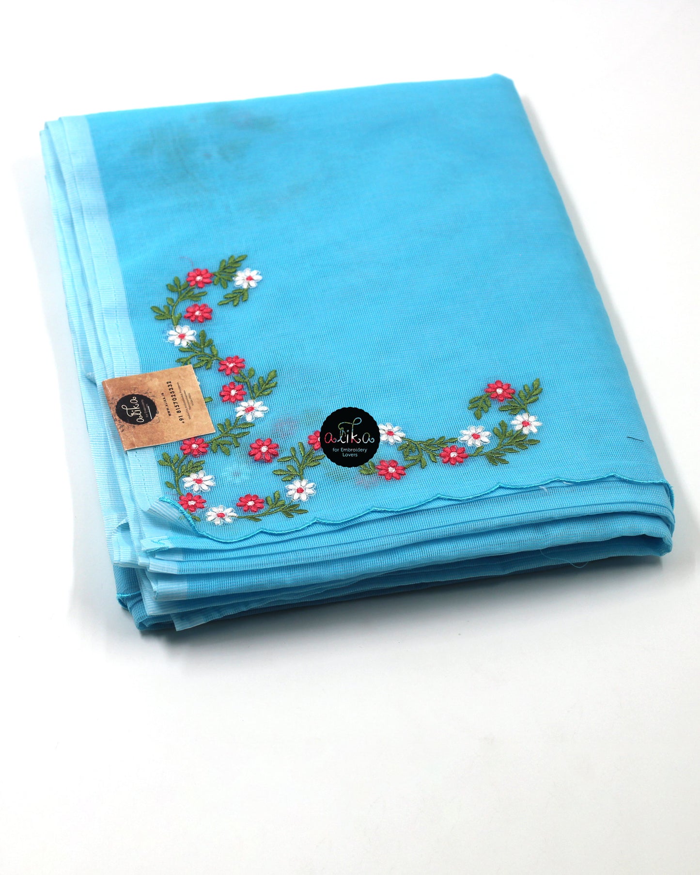 Blue silky Kota saree with floral embroidery
