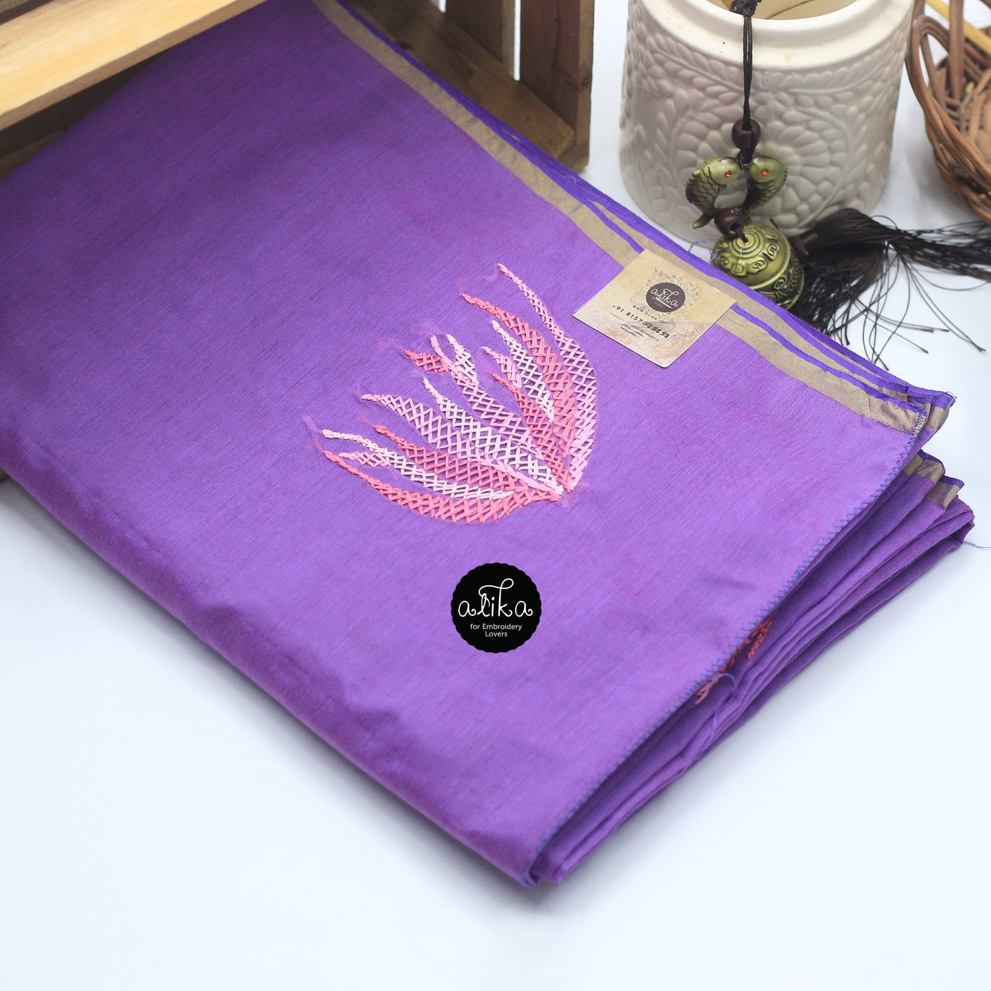 VIOLET CHANDERI SILK SAREE WITH HAND EMBROIDERY