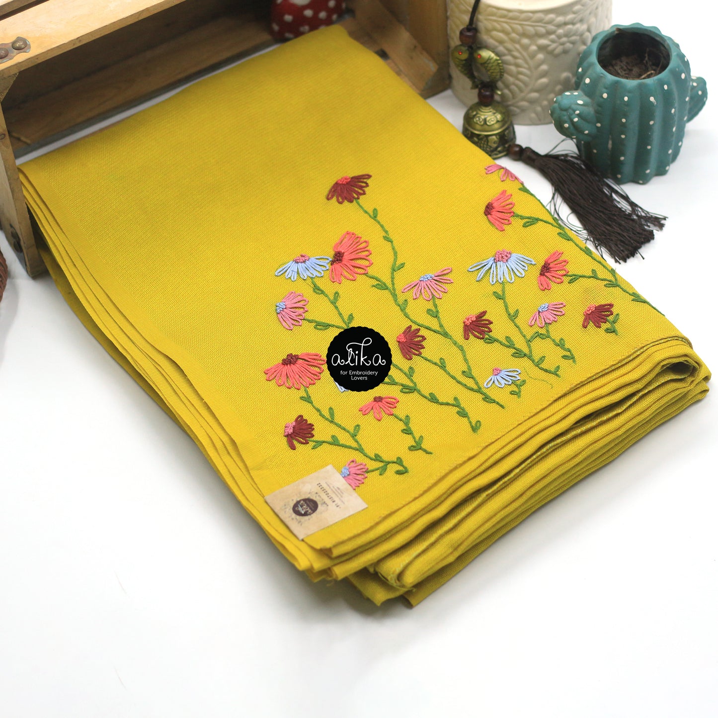 Mango Yellow Jute Saree with Laisy Daisy Embroidery Bunches