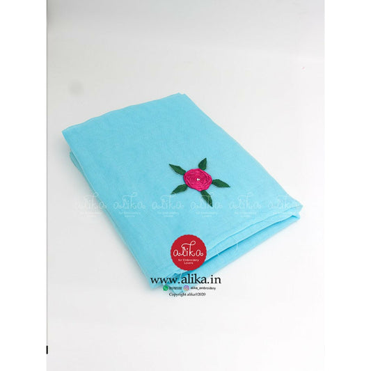 Blue Kota saree with pink ribbon floral embroidery