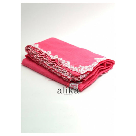 Pink Semi Raw Silk Saree with Full Border White Net Embroidered