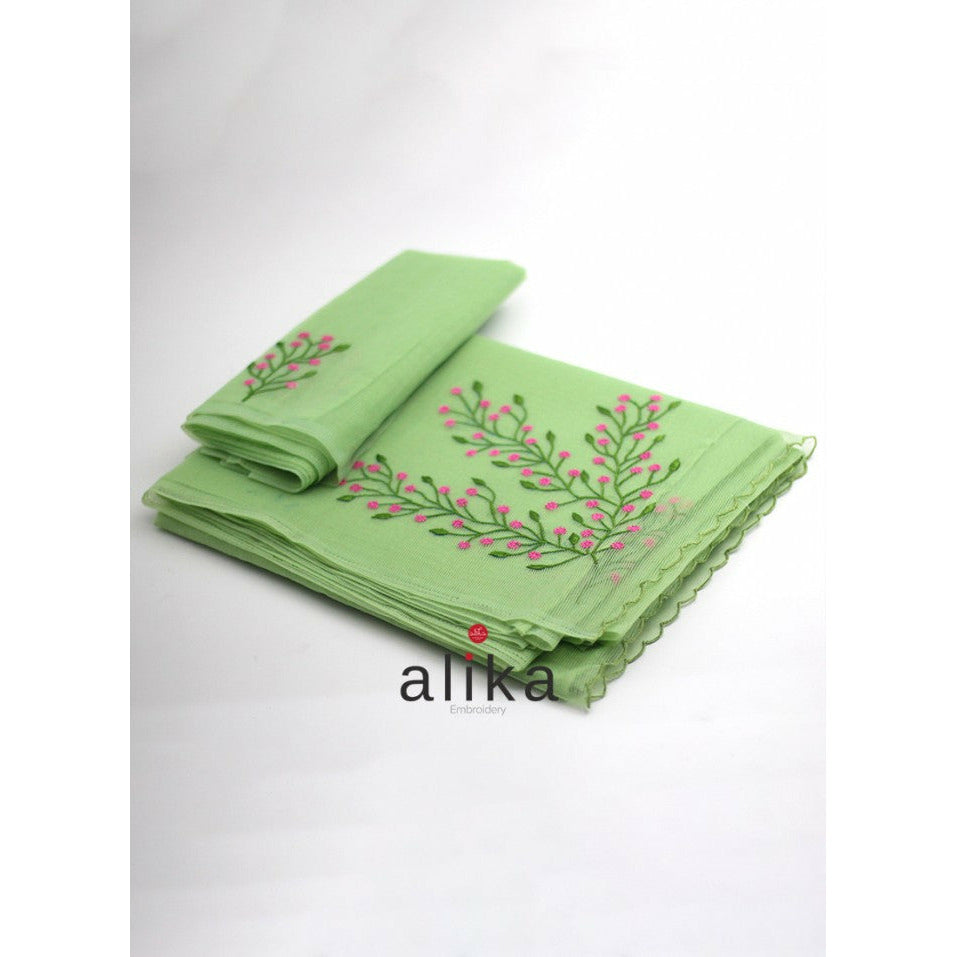 Green Kota Drape with Pink Floral Embroidery