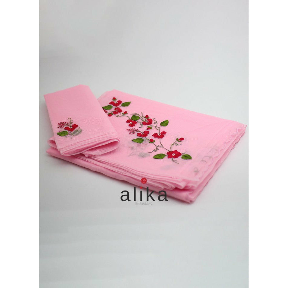 Dark Pink Kota Drape With Blue Floral Embroidery