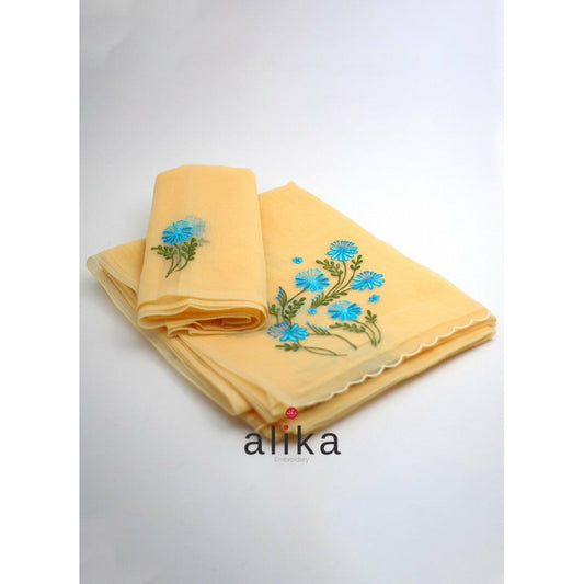 Mango Yellow Kota Drape with Blue Floral Embroidery