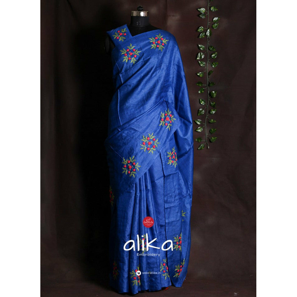Blue Tussar silk saree with bullion bunches