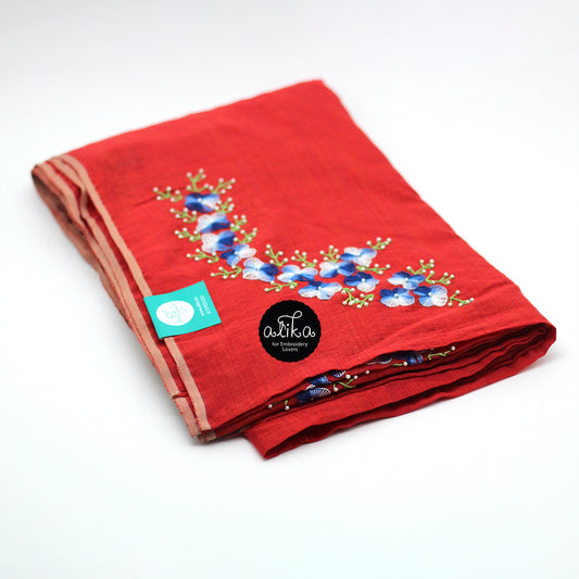 Red chanderi silk saree with hand embroidery and bead embellishments