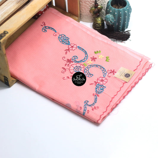 'Pink Cotton Kota Saree with Scattered Blue Cutwork and Dark Pink Floral Embroidery"