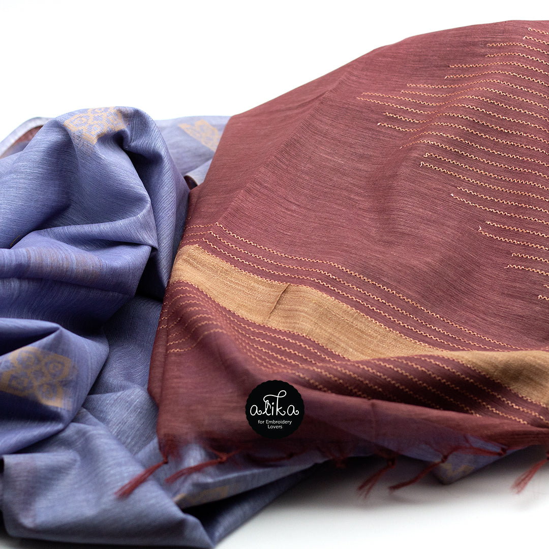 Light ash blue  and dark brown combo- Jute weave saree